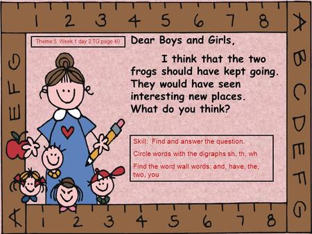 Dear Boys and Girls, I think that the two frogs should have kept going. They would have seen interesting new places. What do you think? Theme 5 Week 1.