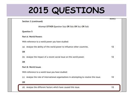 2015 QUESTIONS. Marking Grid: 20 Mark 1 Mark2 Marks3 Marks4 Marks5-6 Marks Knowledge 1 relevant description2 relevant descriptions OR 1 detailed relevant.