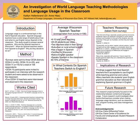 An Investigation of World Language Teaching Methodologies and Language Usage in the Classroom Kaitlyn Hellenbrand (Dr. Anne Hlas) Department of Foreign.