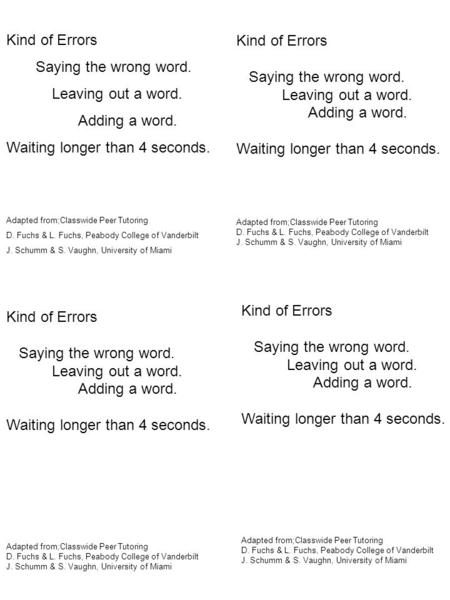 Kind of Errors Saying the wrong word. Leaving out a word. Adding a word. Waiting longer than 4 seconds. Adapted from;Classwide Peer Tutoring D. Fuchs &