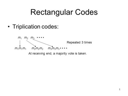 1 Rectangular Codes Triplication codes: m 1 m 2 m 3 m 1 m 1 m 1 m 2 m 2 m 2 m 3 m 3 m 3 Repeated 3 times At receiving end, a majority vote is taken.