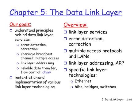 5: DataLink Layer5a-1 Chapter 5: The Data Link Layer Our goals: r understand principles behind data link layer services: m error detection, correction.