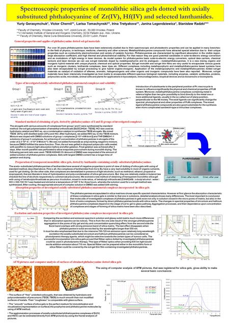 Spectroscopic properties of monolithic silica gels dotted with axially substituted phthalocyanine of Zr(IV), Hf(IV) and selected lanthanides. Yuriy Gerasymchuk*,