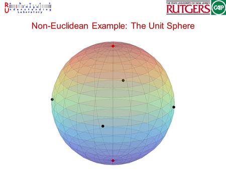 Non-Euclidean Example: The Unit Sphere. Differential Geometry Formal mathematical theory Work with small ‘patches’ –the ‘patches’ look Euclidean Do calculus.