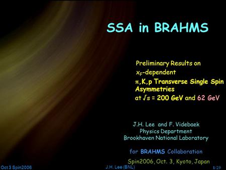 Oct 3 Spin2006 J.H. Lee (BNL) 1/29 SSA in BRAHMS J.H. Lee and F. Videbaek Physics Department Brookhaven National Laboratory for BRAHMS Collaboration Preliminary.