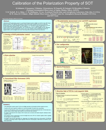 Calibration of the Polarization Property of SOT K.Ichimoto, Y.Suematsu, T.Shimizu, Y.Katsukawa, M.Noguchi, M.Nakagiri, M.Miyashita, S.Tsuneta (National.