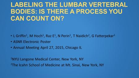 LABELING THE LUMBAR VERTEBRAL BODIES: IS THERE A PROCESS YOU CAN COUNT ON? L Griffin 1, M Hoch 1, Raz E 1, N Perin 1, T Naidich 2, G Fatterpekar 1 ASNR.