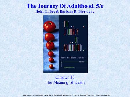 The Journey Of Adulthood, 5/e Helen L. Bee & Barbara R. Bjorklund Chapter 13 The Meaning of Death The Journey of Adulthood 5/e by Bee & Bjorklund. Copyright.