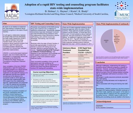 Adoption of a rapid HIV testing and counseling program facilitates state-wide implementation B. Holmes 1, L. Haynes 2, J.Korte 2, K. Brady 2 1 Lexington-Richland.