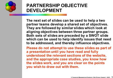 © Tesseract Management Systems / Big Picture Support / 2006 - 1 PARTNERSHIP OBJECTIVE DEVELOPMENT The next set of slides can be used to help a two partner.