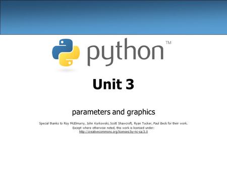 Unit 3 parameters and graphics Special thanks to Roy McElmurry, John Kurkowski, Scott Shawcroft, Ryan Tucker, Paul Beck for their work. Except where otherwise.