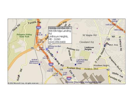 From ANNAPOLIS Take I-97 North to 176 West (Dorsey Road/BWI Airport) Exit 15B.... Make a right at the first light (162/Aviation Blvd).... Go straight.