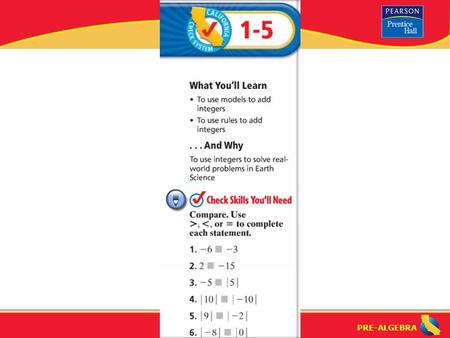 Lesson 1-5 Warm-Up. Lesson 1-5 Warm-Up “Adding Integers” (1-5) What is the “Identity Property of Addition”? What is the “Inverse Property of Addition”?