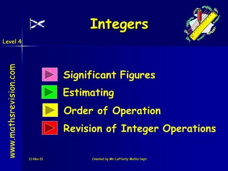 Level 4 11-Nov-15Created by Mr. Lafferty Maths Dept. Significant Figures Estimating Integers www.mathsrevision.com Order of Operation Revision of Integer.