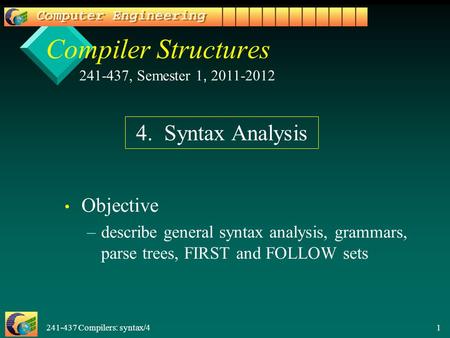 241-437 Compilers: syntax/4 1 Compiler Structures Objective – –describe general syntax analysis, grammars, parse trees, FIRST and FOLLOW sets 241-437,