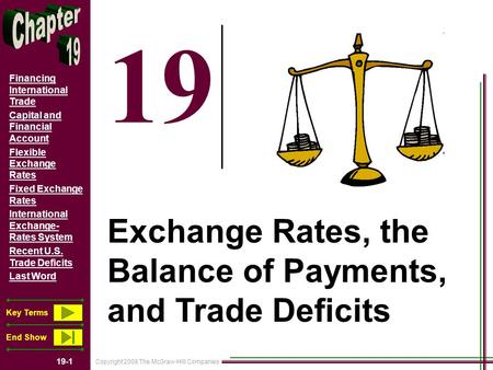 Copyright 2008 The McGraw-Hill Companies 19-1 Financing International Trade Capital and Financial Account Flexible Exchange Rates Fixed Exchange Rates.