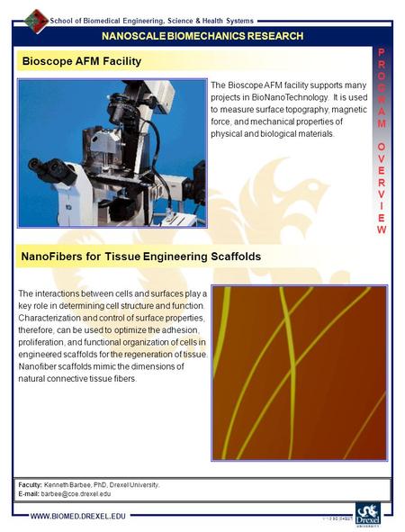 School of Biomedical Engineering, Science & Health Systems WWW.BIOMED.DREXEL.EDU V 1.0 SD [040227] NANOSCALE BIOMECHANICS RESEARCH PROGRAM OVERVIEWPROGRAM.