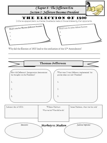 Chapter 8 : The Jefferson Era Section 1: Jefferson Becomes President The Election of 1800 In the newspapers below summarize the attacks made on the candidates.