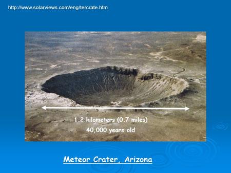 Meteor Crater, Arizona  1.2 kilometers (0.7 miles) 40,000 years old.