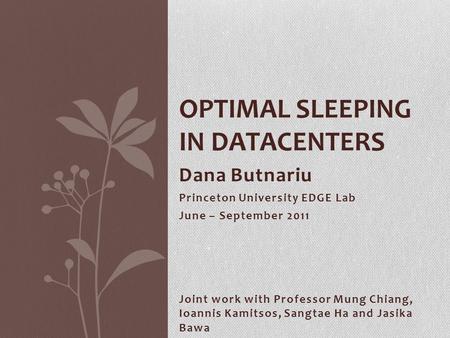 Dana Butnariu Princeton University EDGE Lab June – September 2011 OPTIMAL SLEEPING IN DATACENTERS Joint work with Professor Mung Chiang, Ioannis Kamitsos,