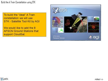 AGBell -1- Build the A Train Constellation using STK To build the “ideal” A Train constellation we will use STK - Satellite Tool Kit by AGI We would like.