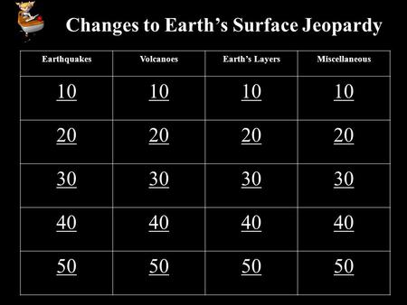 Changes to Earth’s Surface Jeopardy EarthquakesVolcanoesEarth’s LayersMiscellaneous 10 20 30 40 50.