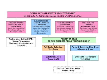 Substance Action Group (SAG ) Crimes of Local Concern Task Group Forest & Gloucester Hate Crime & Incidents Group Forest of Dean Road Safety Liaison Group.