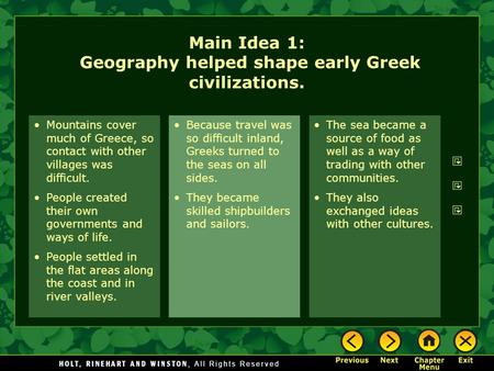 Mountains cover much of Greece, so contact with other villages was difficult. People created their own governments and ways of life. People settled in.