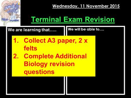 Terminal Exam Revision We are learning that….. We will be able to…. Wednesday, 11 November 2015 1.Collect A3 paper, 2 x felts 2.Complete Additional Biology.