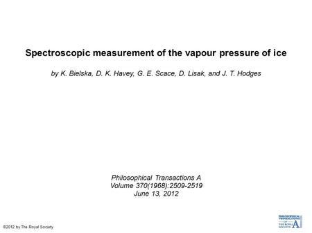 Spectroscopic measurement of the vapour pressure of ice by K. Bielska, D. K. Havey, G. E. Scace, D. Lisak, and J. T. Hodges Philosophical Transactions.