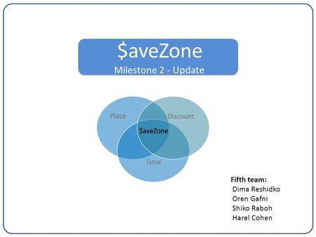 $aveZone Milestone 2 - Update $aveZone Milestone 2 - Update Fifth team: Dima Reshidko Oren Gafni Shiko Raboh Harel Cohen.