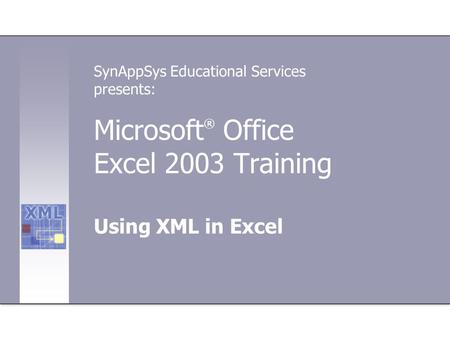 Microsoft ® Office Excel 2003 Training Using XML in Excel SynAppSys Educational Services presents: