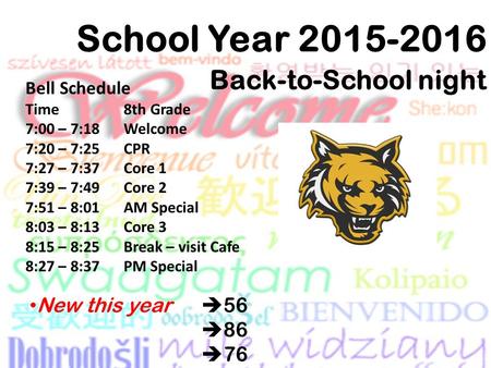 School Year 2015-2016 Back-to-School night New this year  56  86  76 Bell Schedule Time 8th Grade 7:00 – 7:18 Welcome 7:20 – 7:25 CPR 7:27 – 7:37 Core.