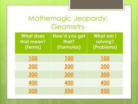 Mathemagic Jeopardy: Geometry What does that mean? (Terms) How’d you get that? (Formulas) What am I solving? (Problems) 100 200 300 400 500.