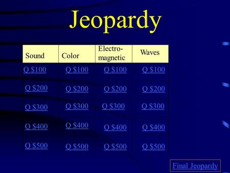 Jeopardy SoundColor Electro- magnetic Waves Q $100 Q $200 Q $300 Q $400 Q $500 Q $100 Q $200 Q $300 Q $400 Q $500 Final Jeopardy.