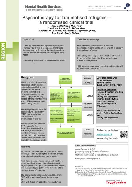 This study has been supported by Psychotherapy for traumatised refugees – a randomised clinical trial Jessica Carlsson, M.D., PhD Charlotte Sonne, M.D.,PhD-student.