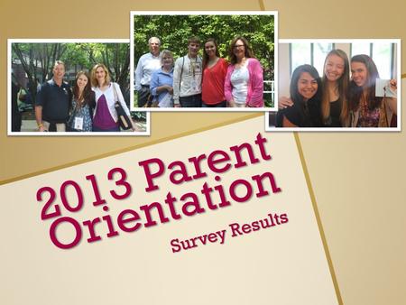 2013 Parent Orientation Survey Results. Parent Results Number of Invitees: 1663 Invitees that responded: 595 Invitee Response rate: 35% Average of no.