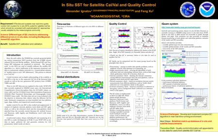 Center for Satellite Applications and Research (STAR) Review 09 – 11 March 2010 In Situ SST for Satellite Cal/Val and Quality Control Alexander Ignatov.
