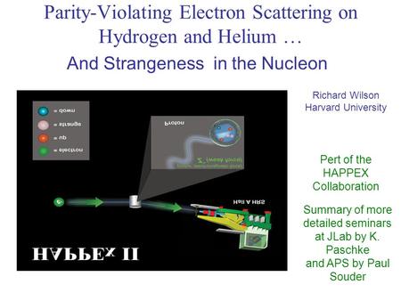 Richard Wilson Harvard University Pert of the HAPPEX Collaboration Summary of more detailed seminars at JLab by K. Paschke and APS by Paul Souder Parity-Violating.