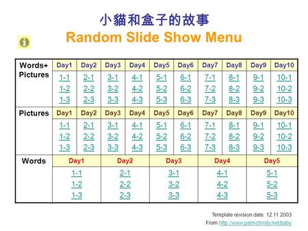 小貓和盒子的故事 Random Slide Show Menu Template revision date: 12.11.2003 From  Words+ Pictures.