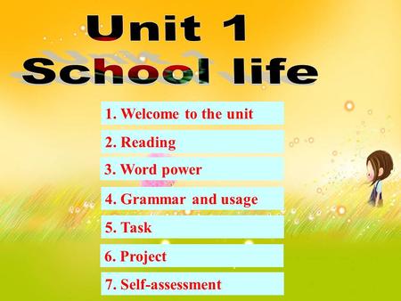 1. Welcome to the unit 2. Reading 3. Word power 4. Grammar and usage 5. Task 6. Project 7. Self-assessment.