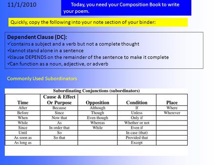 11/1/2010 Today, you need your Composition Book to write your poem. Dependent Clause (DC): contains a subject and a verb but not a complete thought cannot.