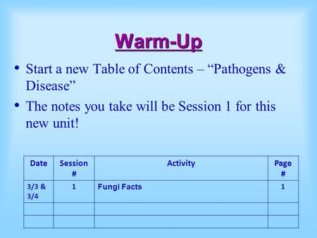 Warm-Up Start a new Table of Contents – “Pathogens & Disease” The notes you take will be Session 1 for this new unit! DateSession # ActivityPage # 3/3.