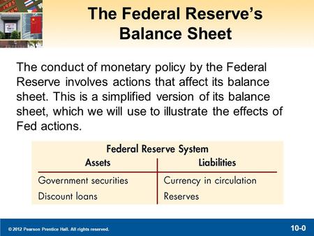 © 2012 Pearson Prentice Hall. All rights reserved. 10-0 The Federal Reserve’s Balance Sheet The conduct of monetary policy by the Federal Reserve involves.