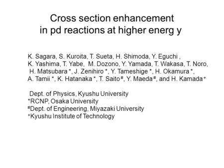 Cross section enhancement in pd reactions at higher energ ｙ K. Sagara, S. Kuroita, T. Sueta, H. Shimoda, Y. Eguchi, K. Yashima, T. Yabe, M. Dozono, Y.