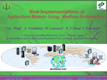 Jian Gui WANG New Implementation of Agriculture Models APAN19---Jan. 25 2005. 1. New Implementations of Agriculture Models Using Mediate Architecture.