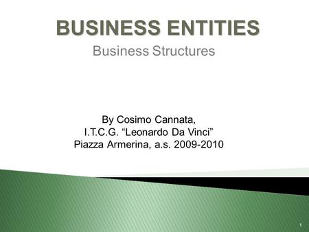 1 BUSINESS ENTITIES Business Structures By Cosimo Cannata, I.T.C.G. “Leonardo Da Vinci” Piazza Armerina, a.s. 2009-2010.