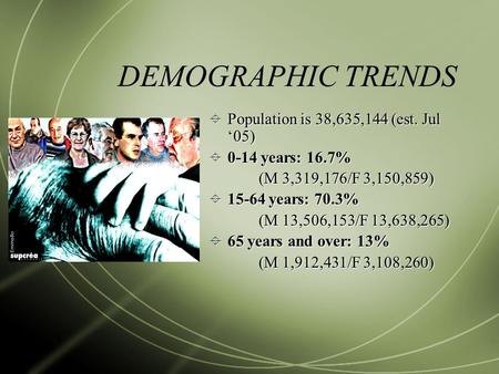 DEMOGRAPHIC TRENDS  Population is 38,635,144 (est. Jul ‘05)  0-14 years: 16.7% (M 3,319,176/F 3,150,859)  15-64 years: 70.3% (M 13,506,153/F 13,638,265)