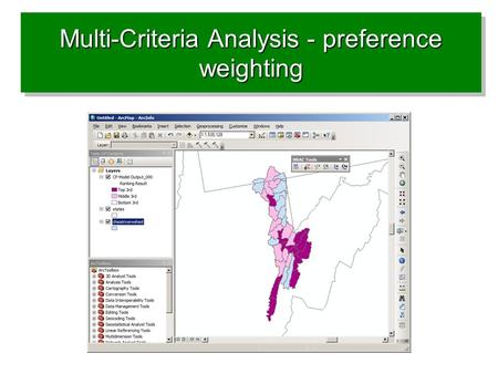 Multi-Criteria Analysis - preference weighting. Defining weights for criteria Purpose: to express the importance of each criterion relative to other criteria.