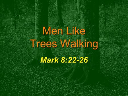 Men Like Trees Walking Mark 8:22-26. He Saw Men Like Trees Walking Reason for Jesus’s methodReason for Jesus’s method –Already healed man born blind John.